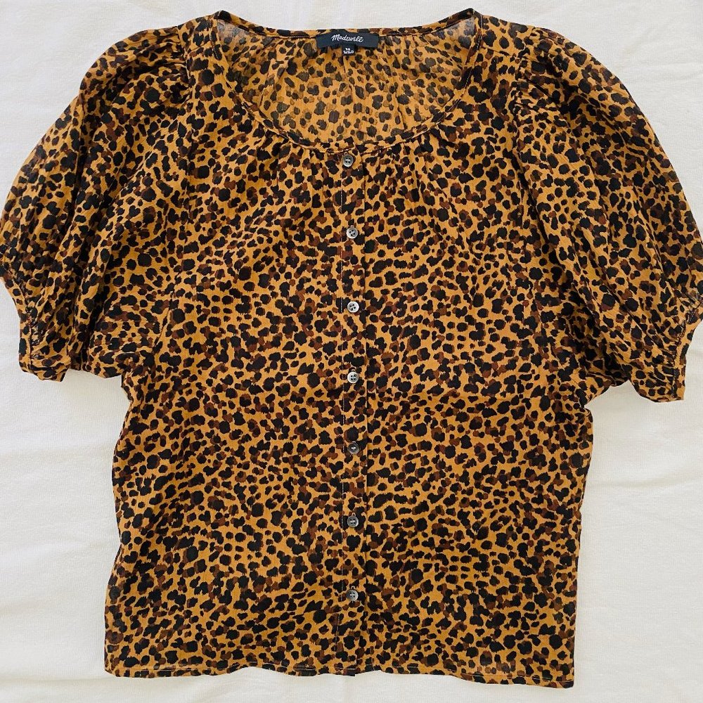 Balloon-Sleeve Button-Up Top in Painted Leopard